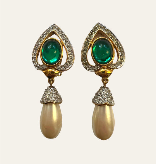 Green Drop Clip On Earrings with Faux Pearls