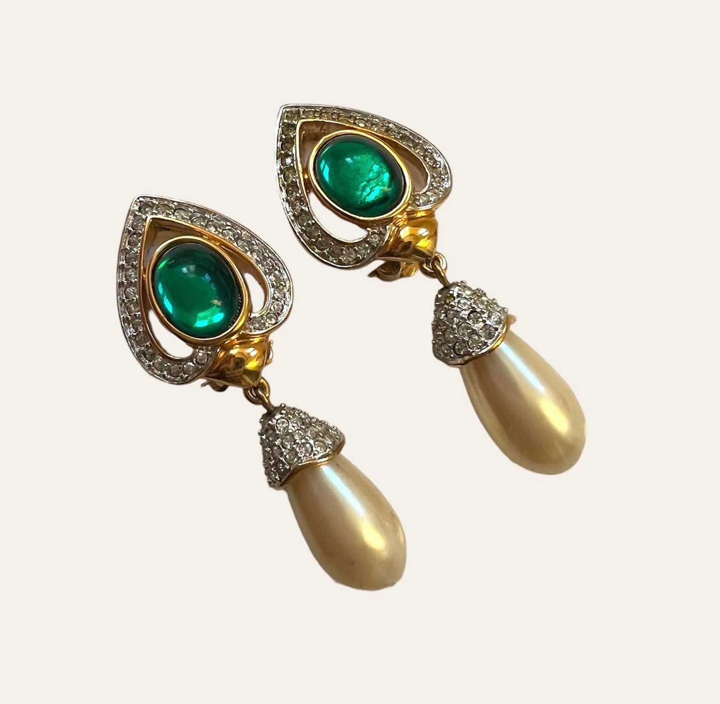 Green Drop Clip On Earrings with Faux Pearls