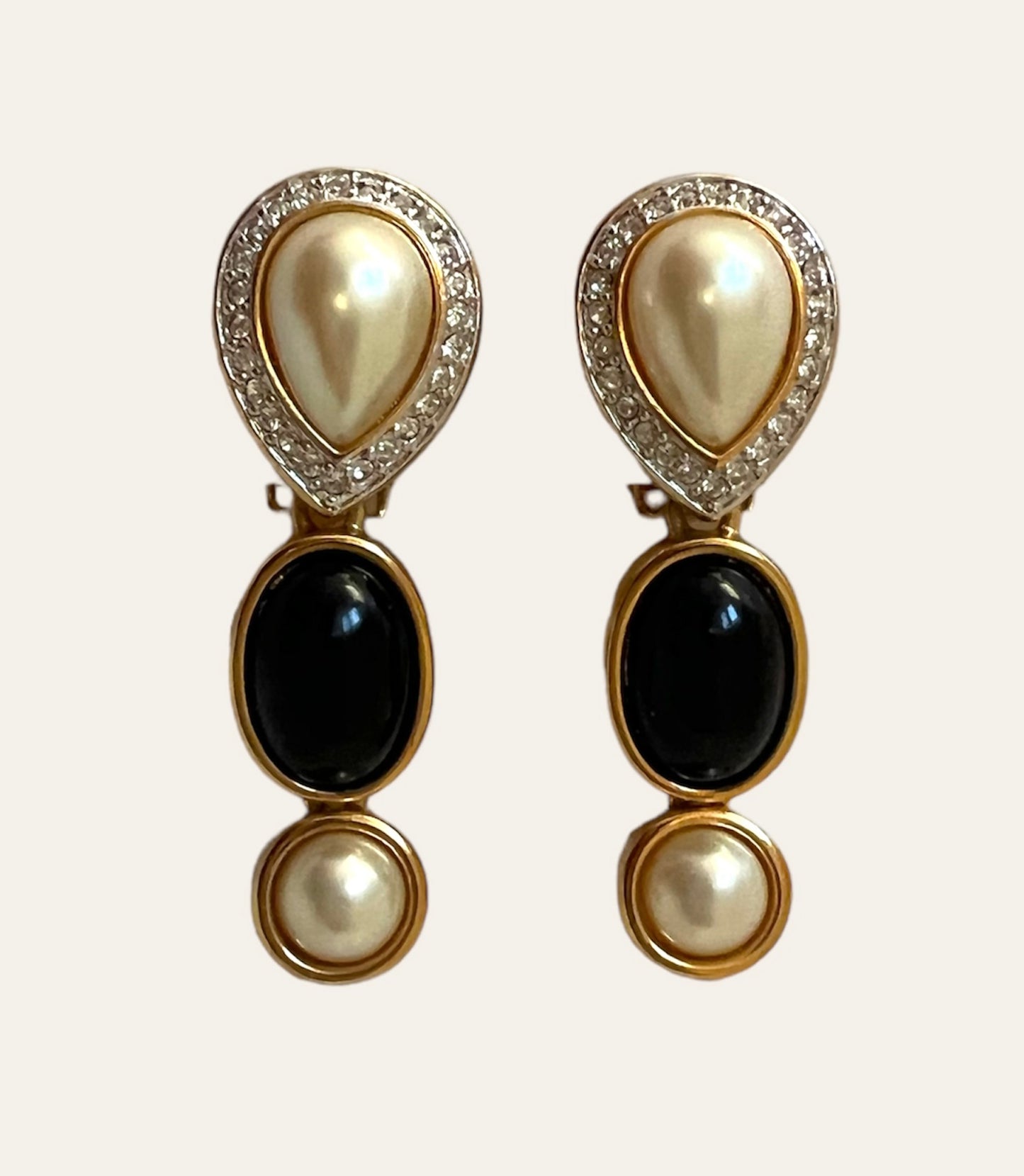 Gold Tone Black Clip On Drop Earrings with Faux Pearls