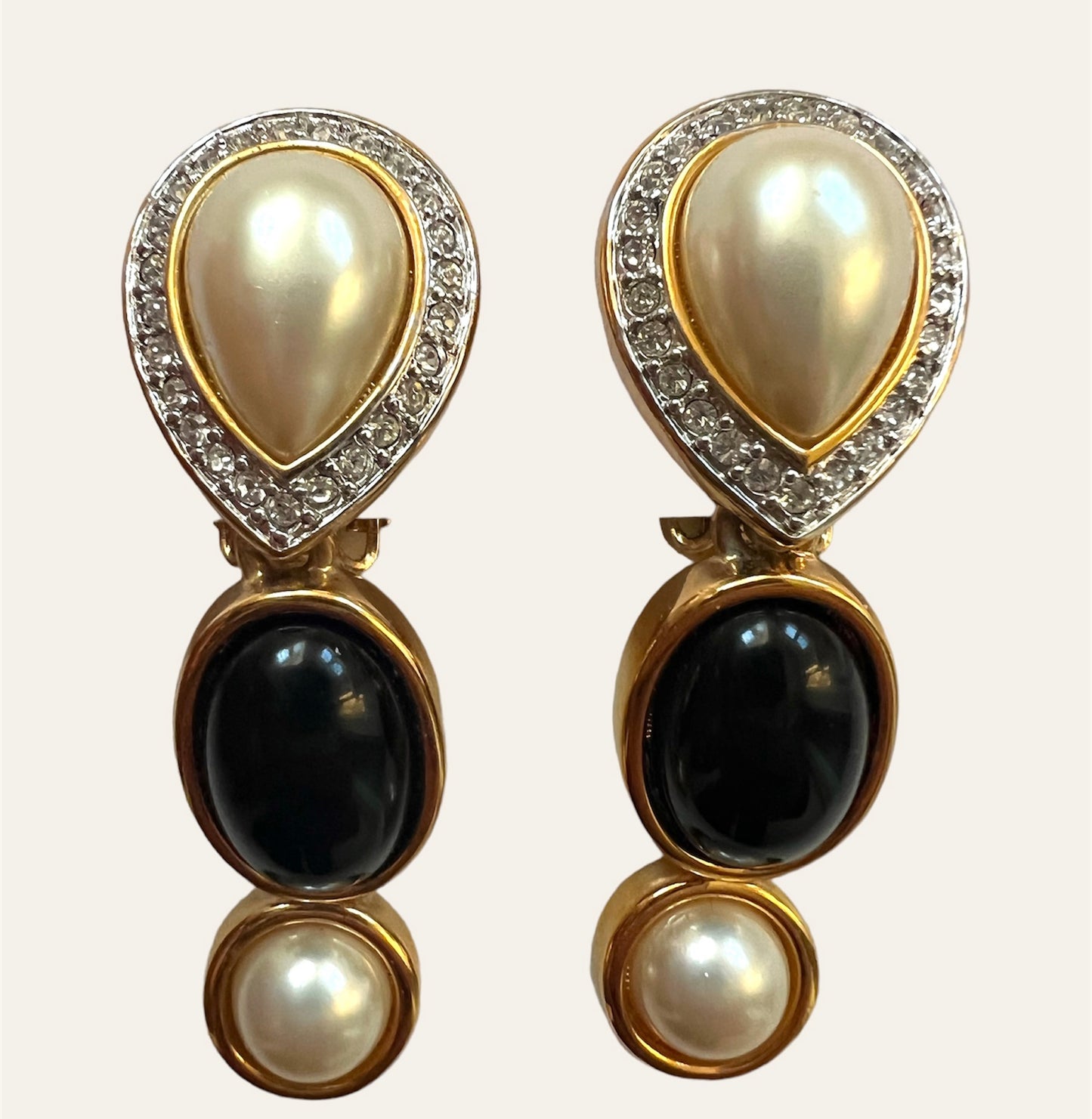 Gold Tone Black Clip On Drop Earrings with Faux Pearls