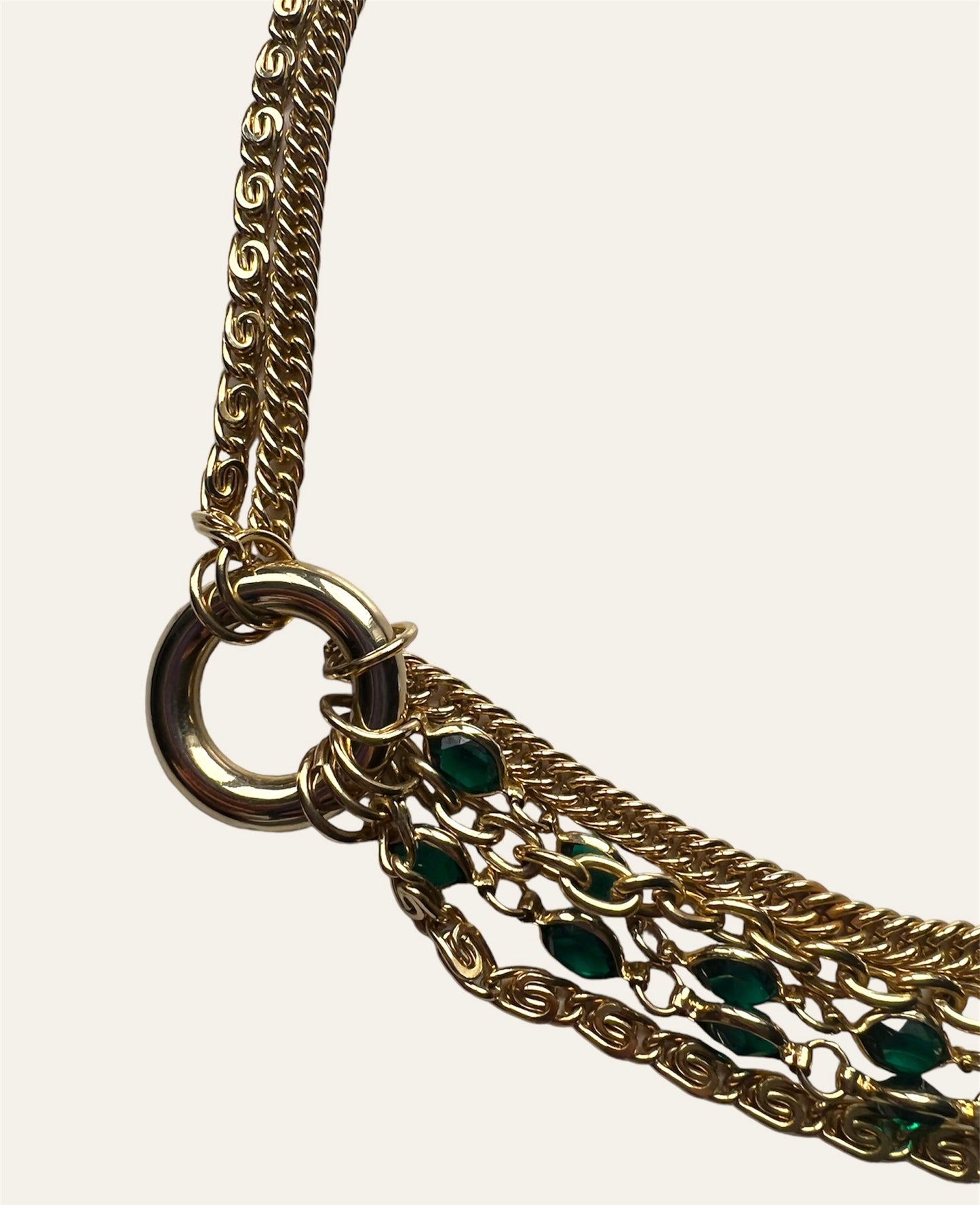 Gold Tone Multi-Strand Necklace With Green Rhinestones