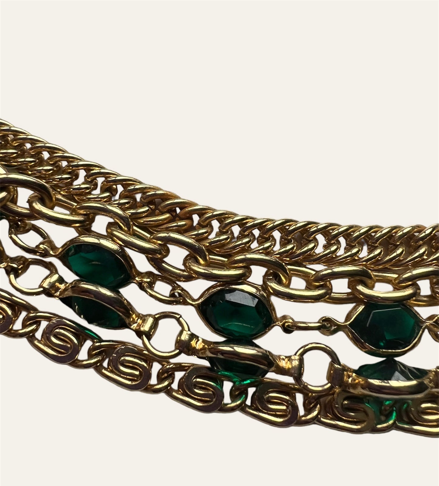 Gold Tone Multi-Strand Necklace With Green Rhinestones