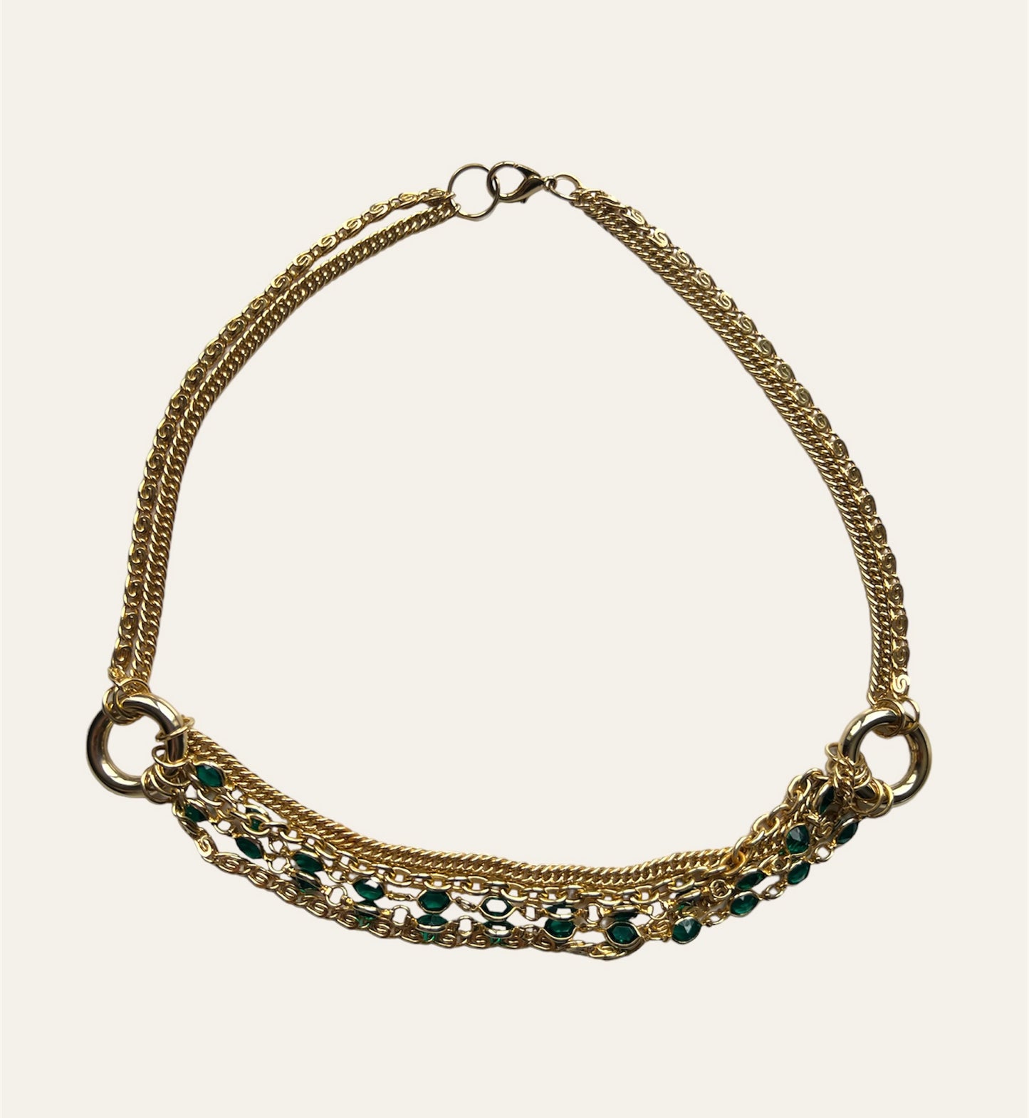 Gold Tone Multi-Strand Necklace With Green Rhinestones