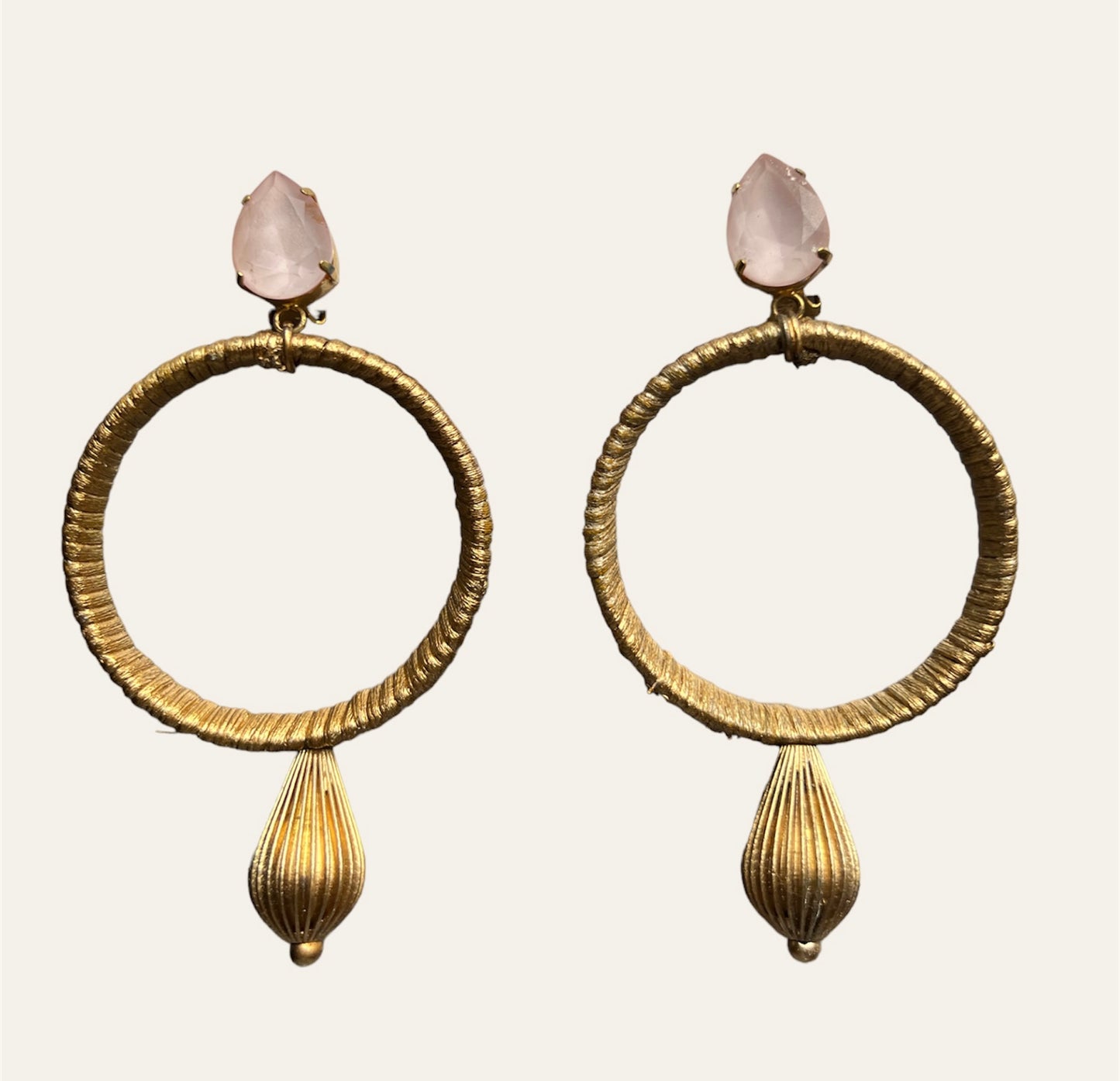 Massive Gold Tone Dangle Hoops With Pink Rhinestones