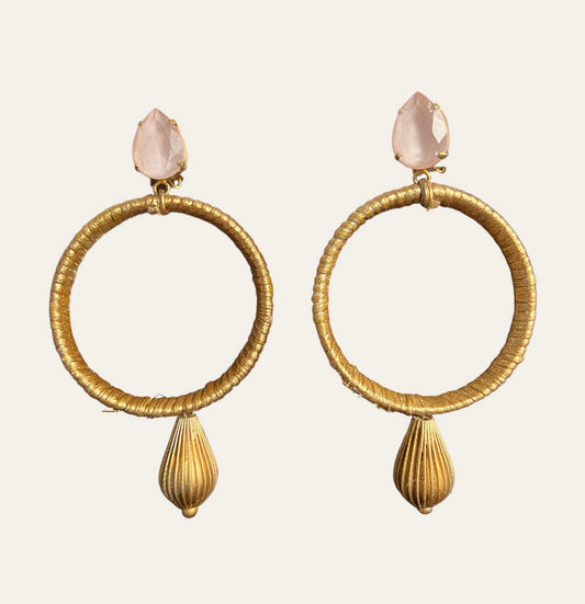 Massive Gold Tone Dangle Hoops With Pink Rhinestones