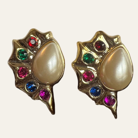 1980's Fabulous Massive Faux Pearls Clip On Earrings With Colourful Rhinestones