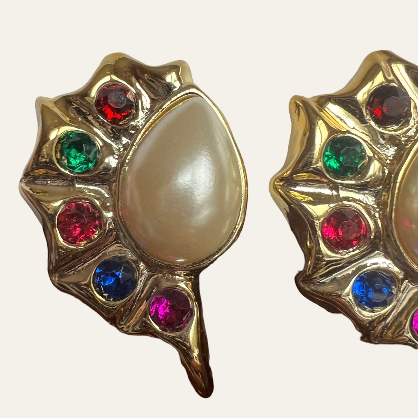 1980's Fabulous Massive Faux Pearls Clip On Earrings With Colourful Rhinestones