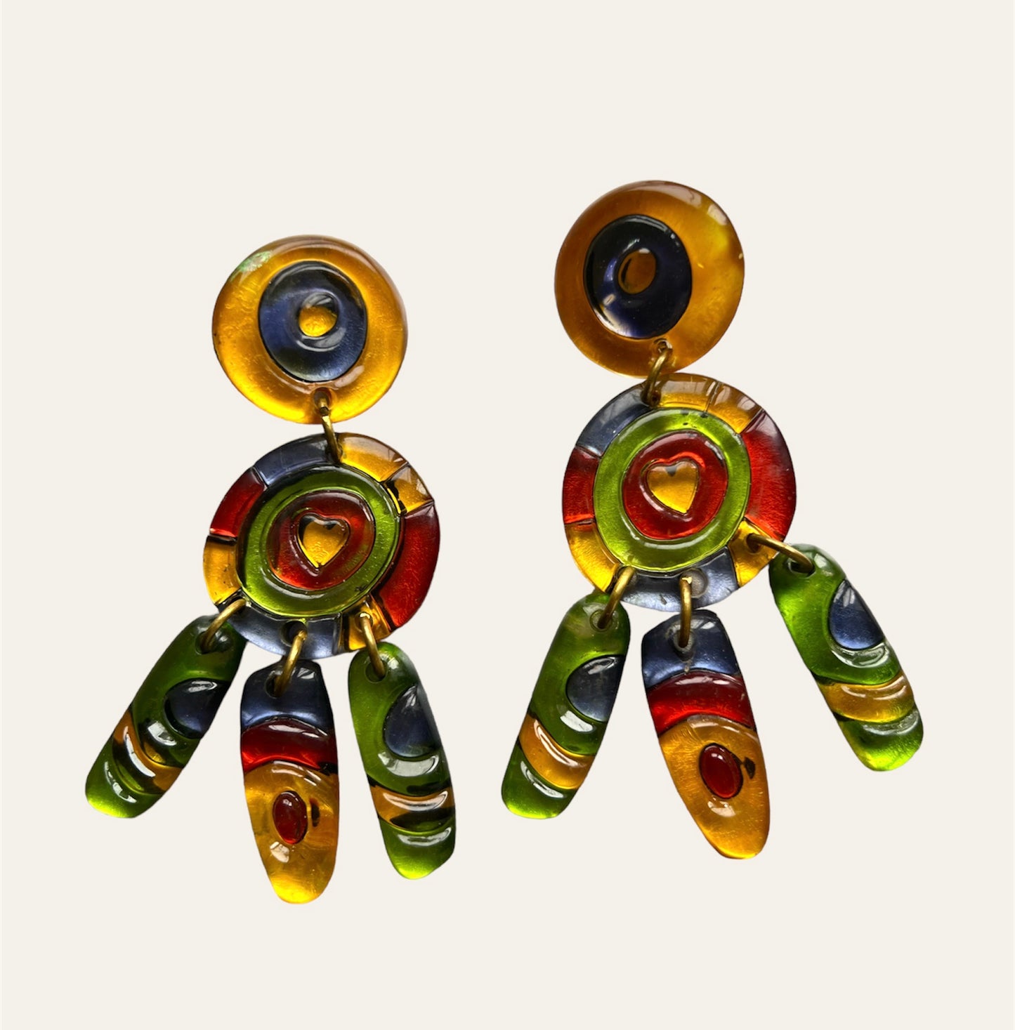 1980's Massive Painted Resin Colourful Drop Clip On Earrings