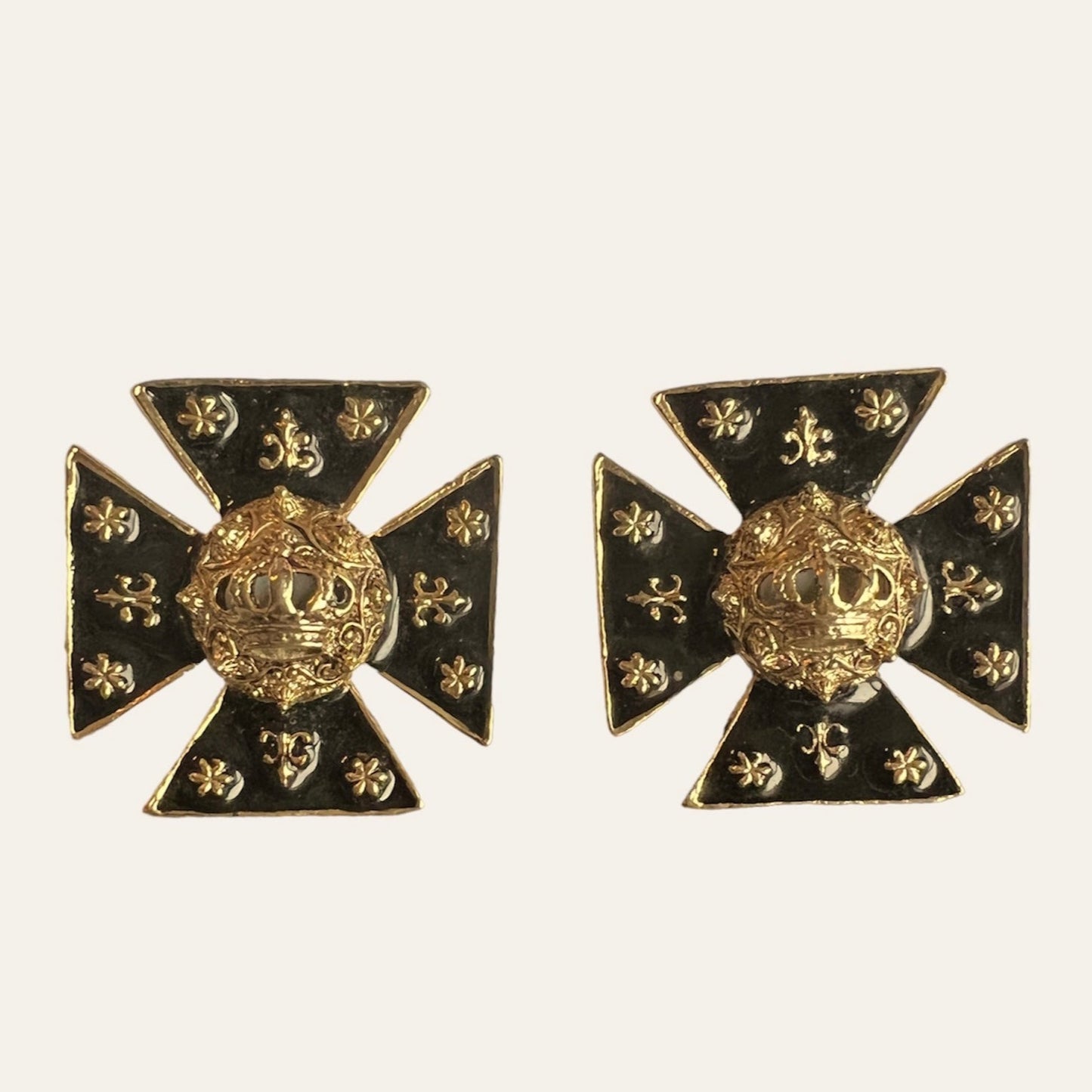 1980's Statement Black Enamel Maltese Cross Clip On Earrings