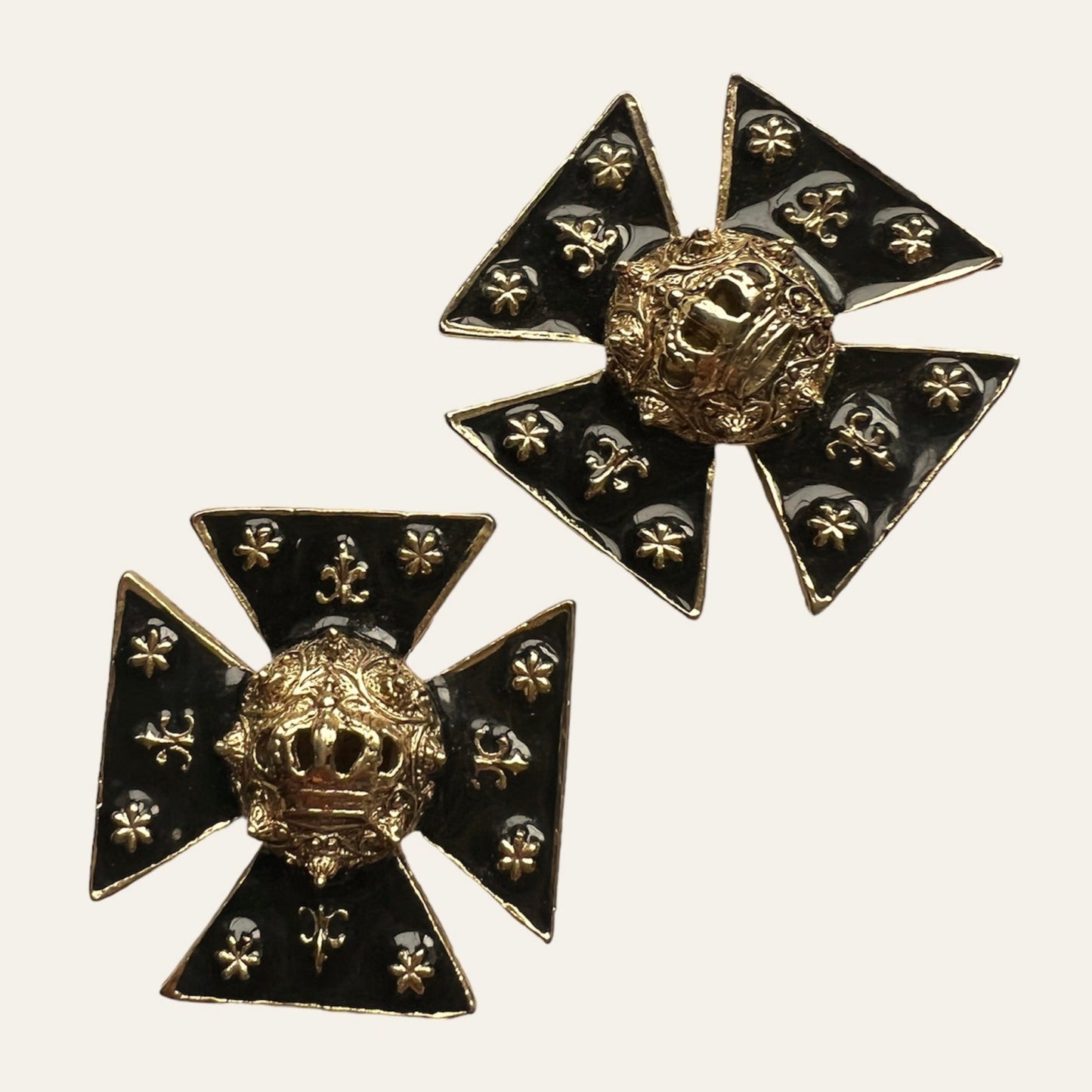 1980's Statement Black Enamel Maltese Cross Clip On Earrings