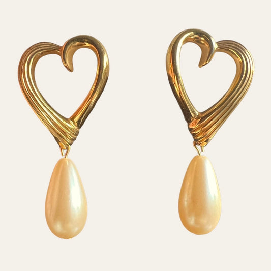 Avon Gold Tone Heart Shaped with Faux Pearls Dangle Earrings