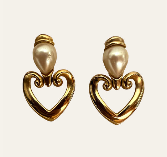 Gold Tone Heart Shaped Drop Earrings With Faux Pearls