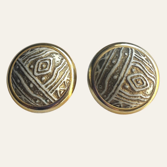 Oversized Egyptian Textured Gold Tone Clip On Dome Earrings