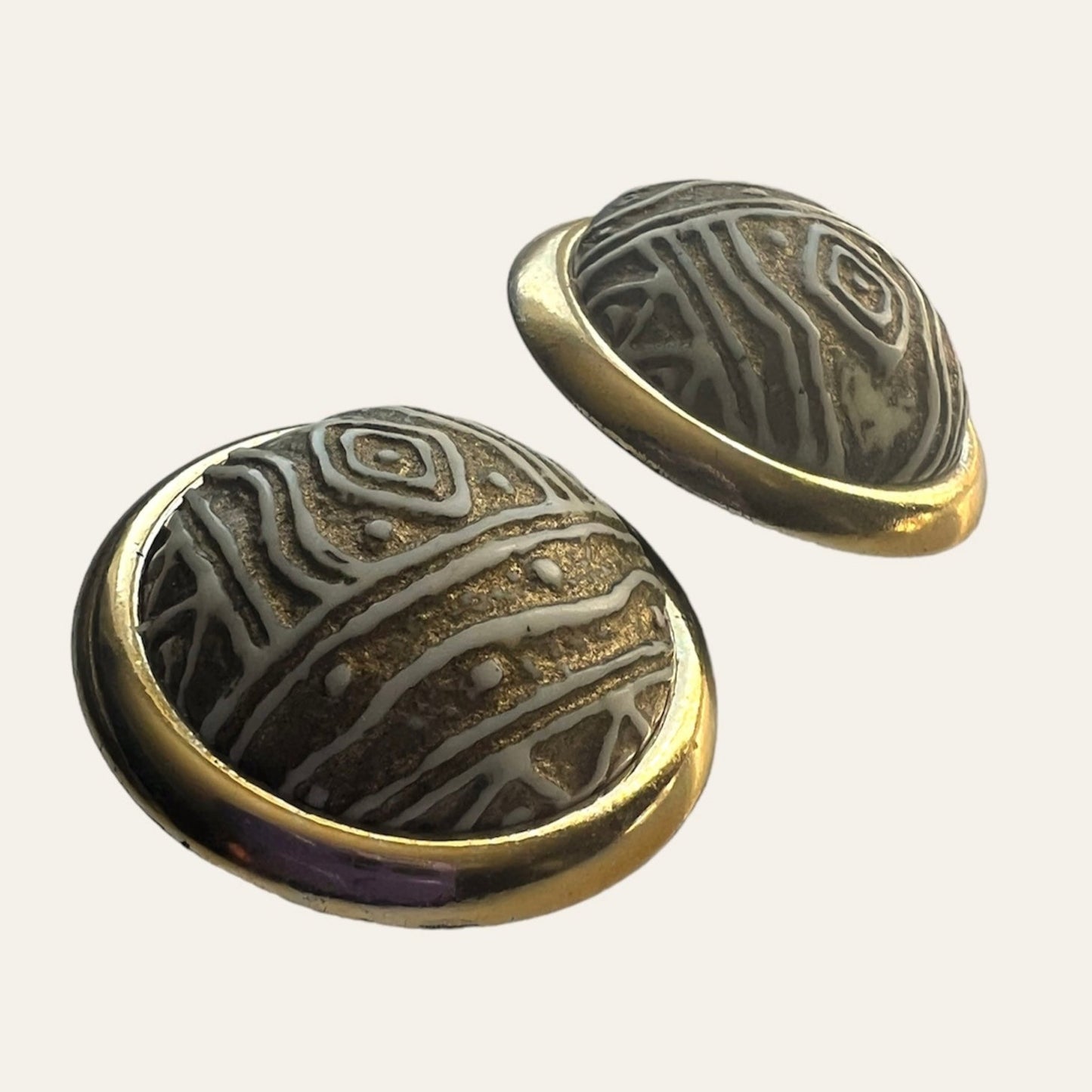 Oversized Egyptian Textured Gold Tone Clip On Dome Earrings