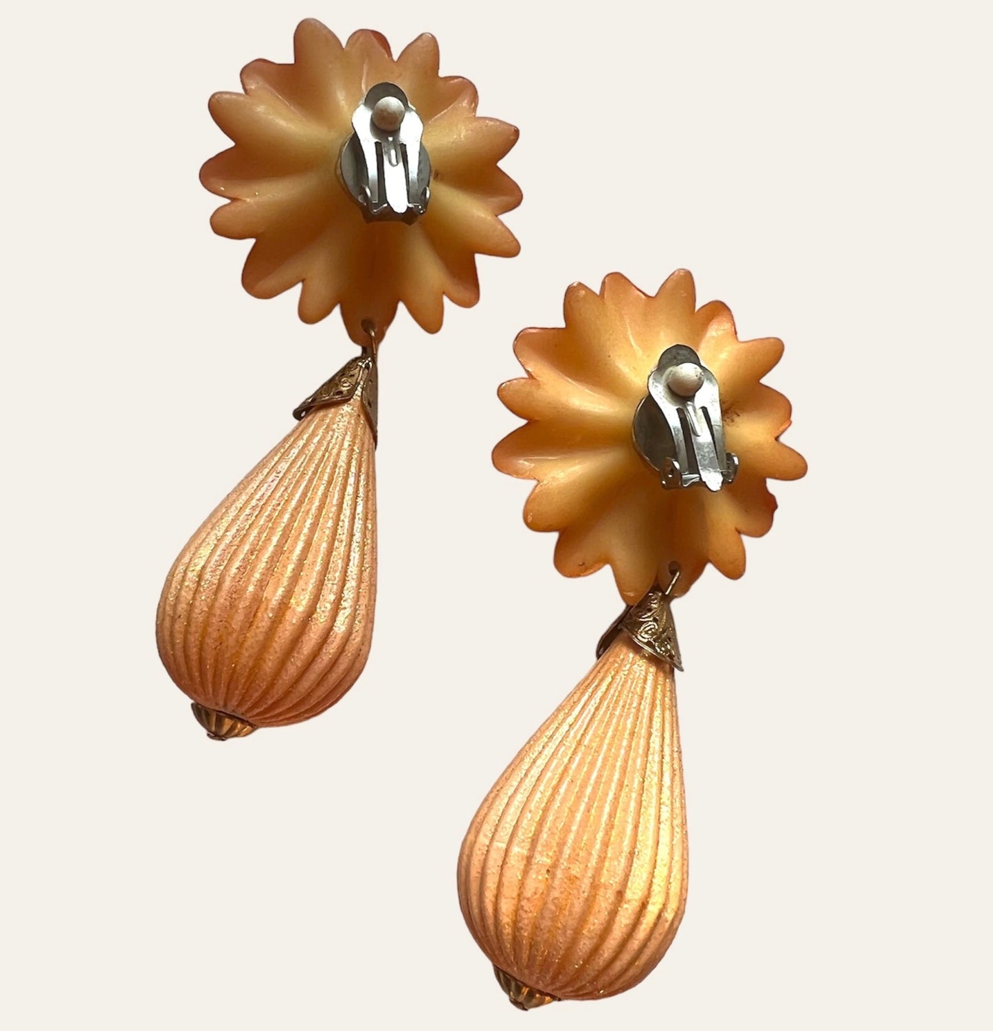 Massive Orange Flowers Clip On Dangle Earrings