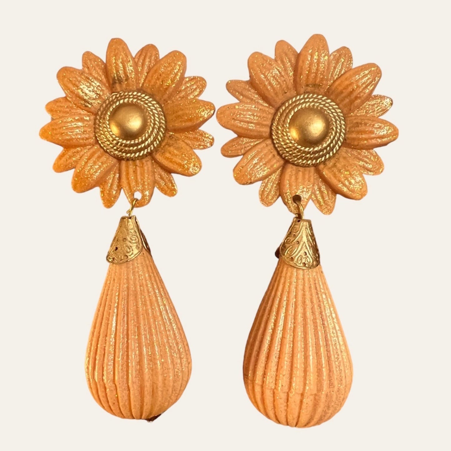 Massive Orange Flowers Clip On Dangle Earrings