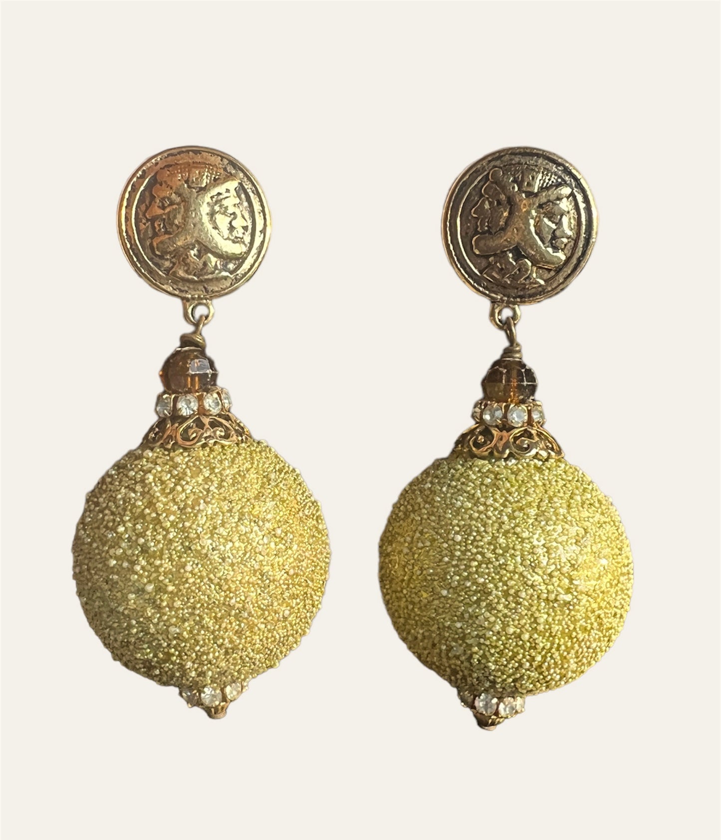 Oversized Gold Tone & Pistachio Green Dangle Clip On Bauble Earrings