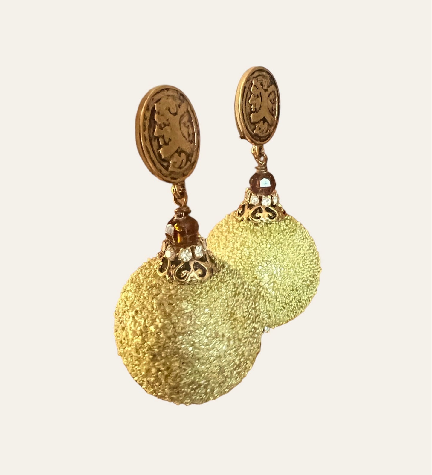 Oversized Gold Tone & Pistachio Green Dangle Clip On Bauble Earrings