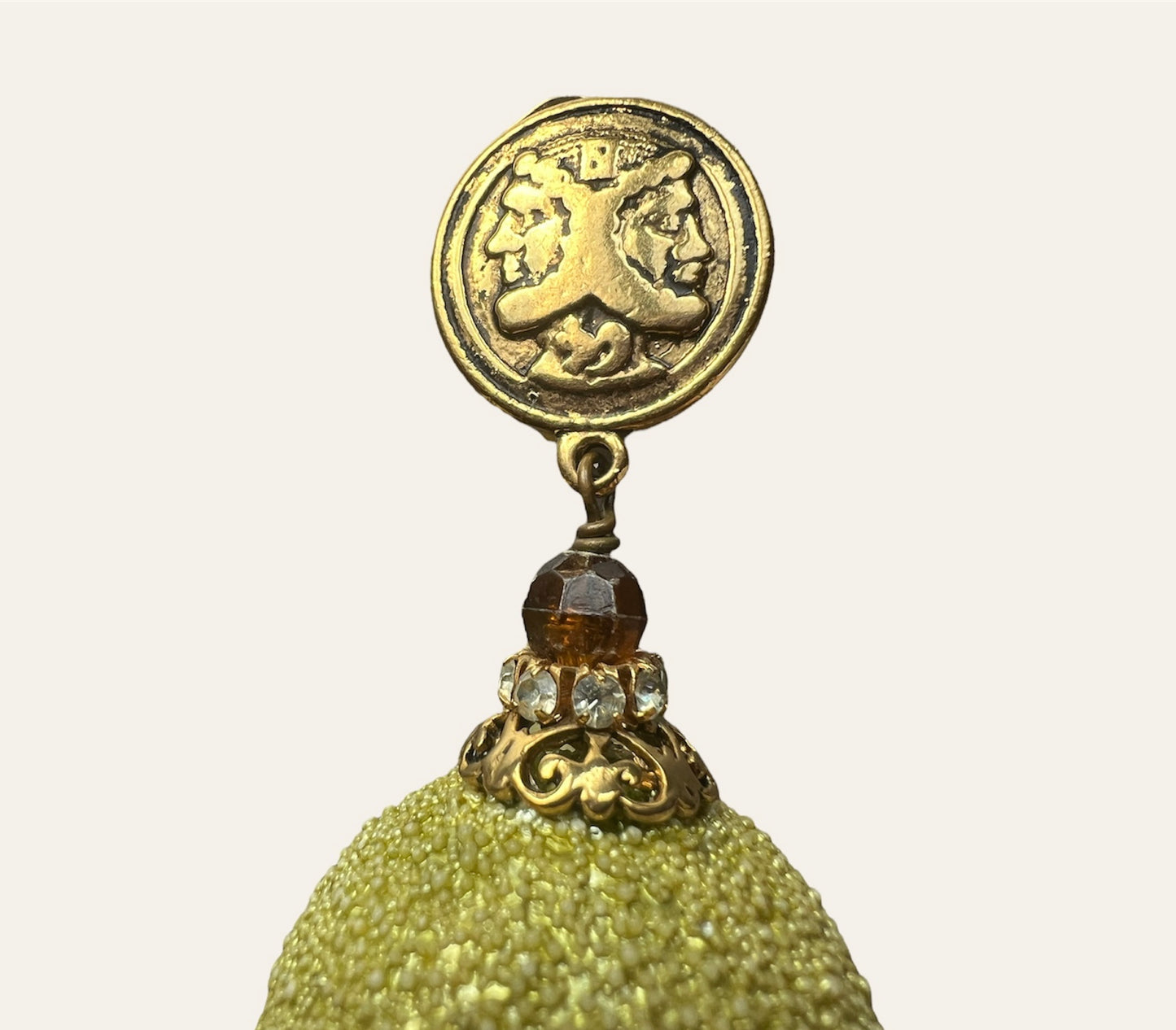 Oversized Gold Tone & Pistachio Green Dangle Clip On Bauble Earrings