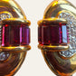 Gold Tone Clip On Earrings with Pink Baguette Crystals