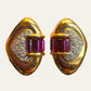 Gold Tone Clip On Earrings with Pink Baguette Crystals