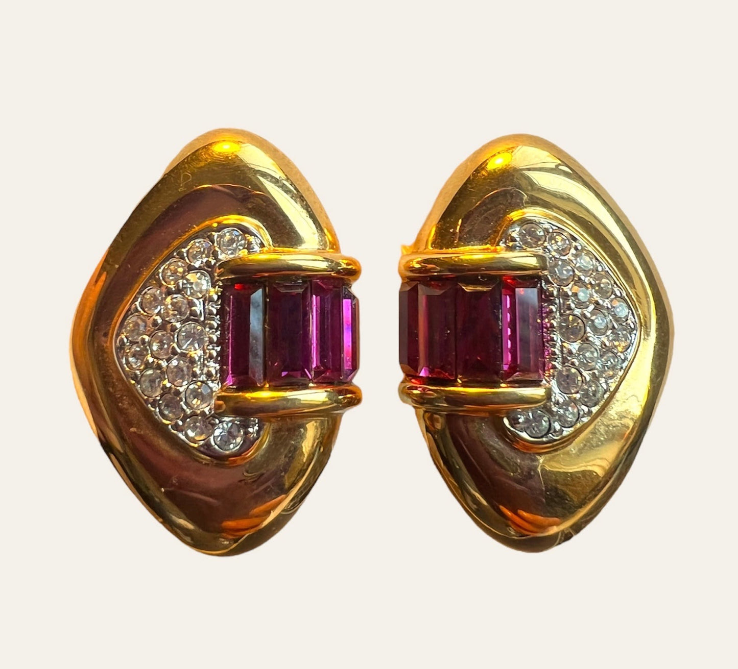 Gold Tone Clip On Earrings with Pink Baguette Crystals