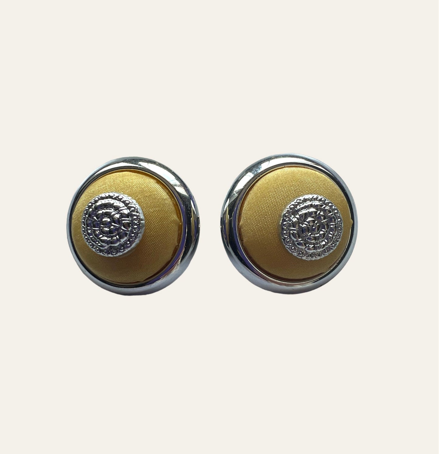 Satin Yellow And Silver Tone Button Earrings