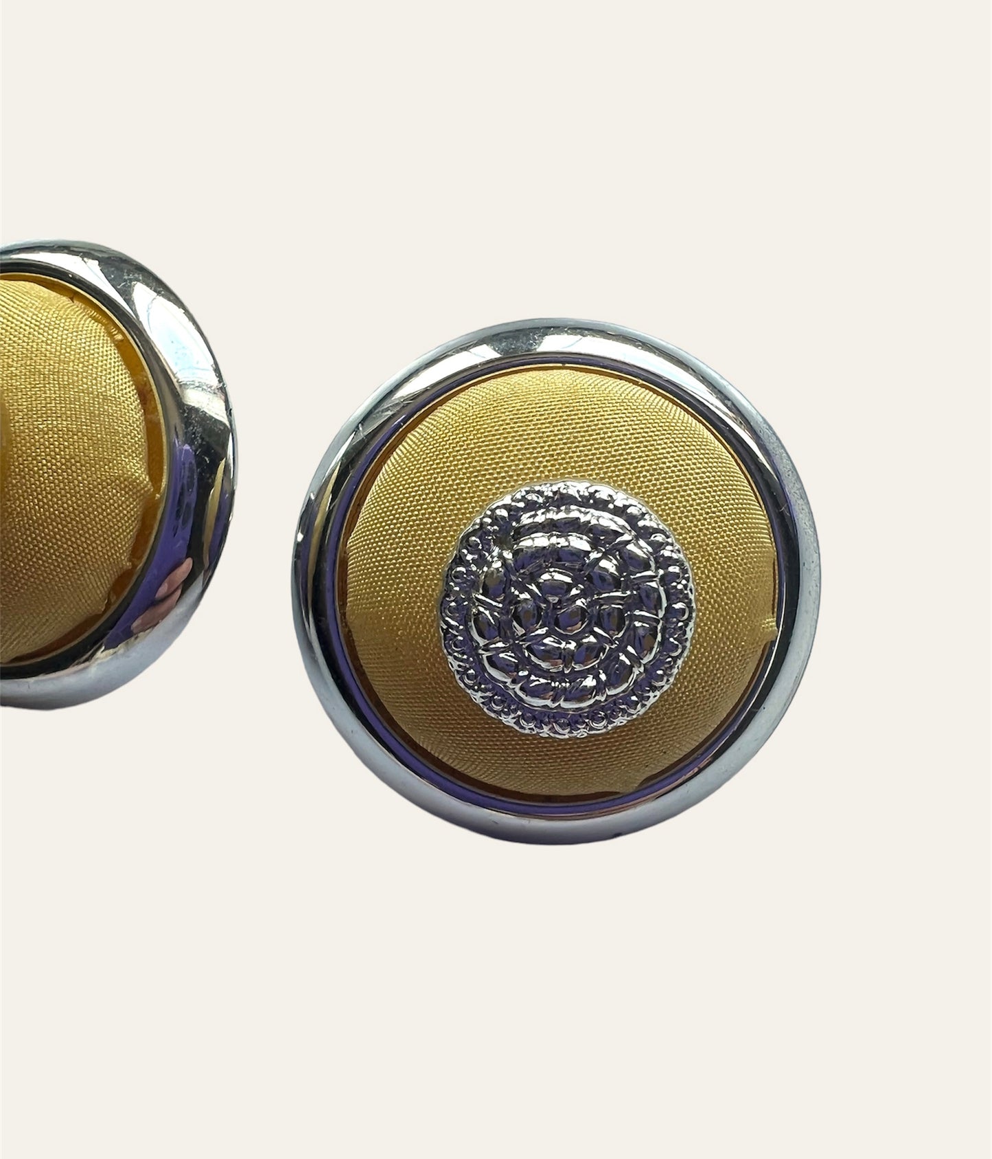 Satin Yellow And Silver Tone Button Earrings