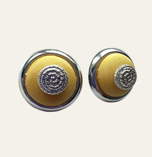 Satin Yellow And Silver Tone Button Earrings