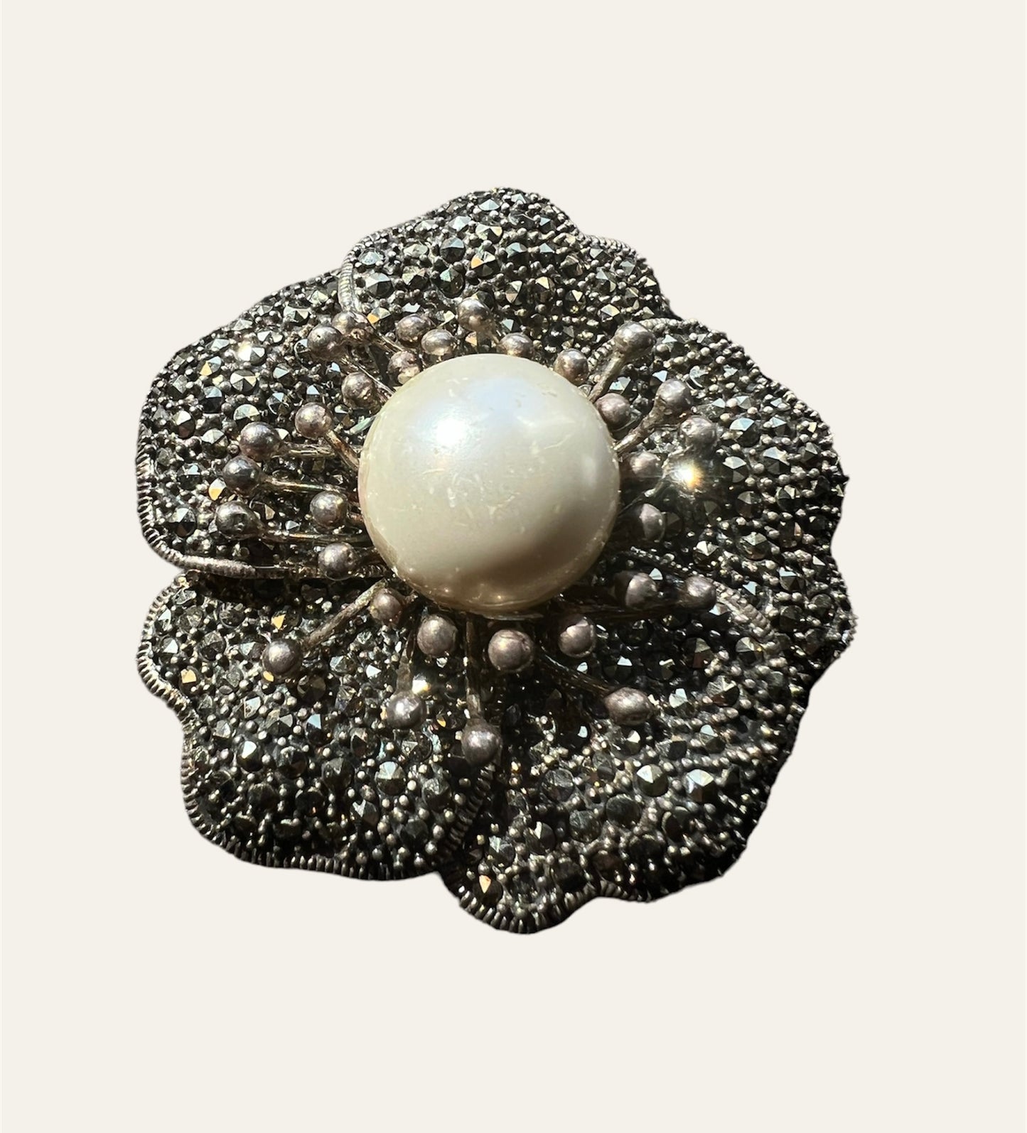 1930's Sterling Silver Marcasite and Pearl Flower Pendant