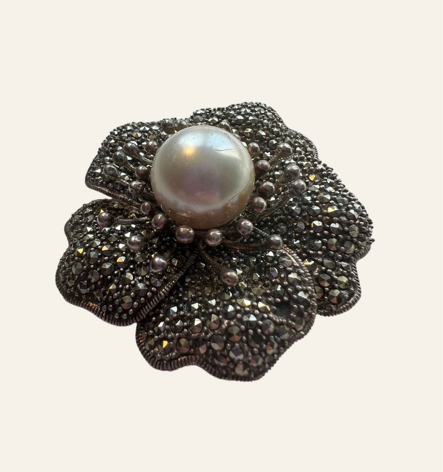 1930's Sterling Silver Marcasite and Pearl Flower Pendant