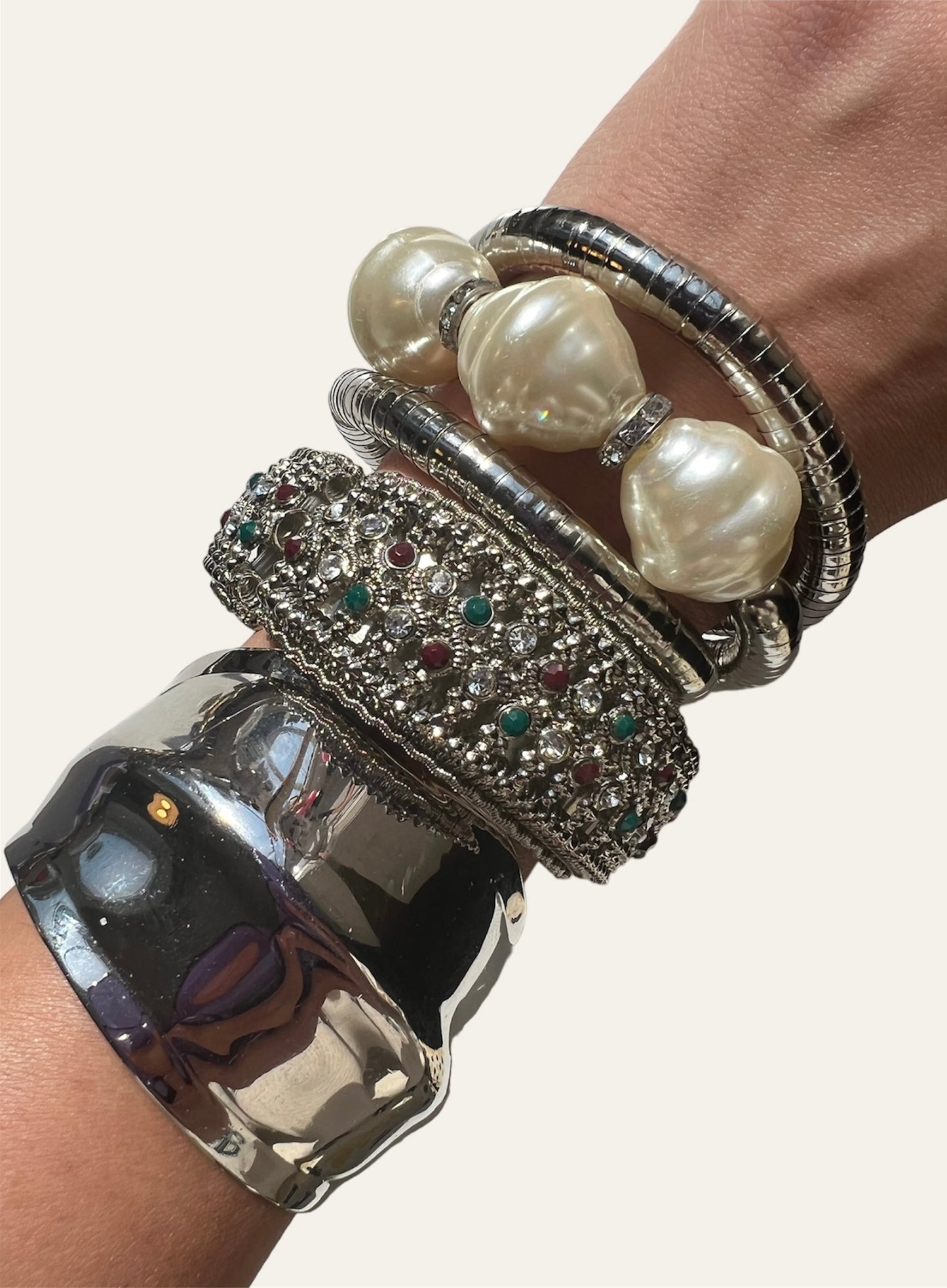 1980's Silver Tone Chunky Pearl Wrap Bracelet