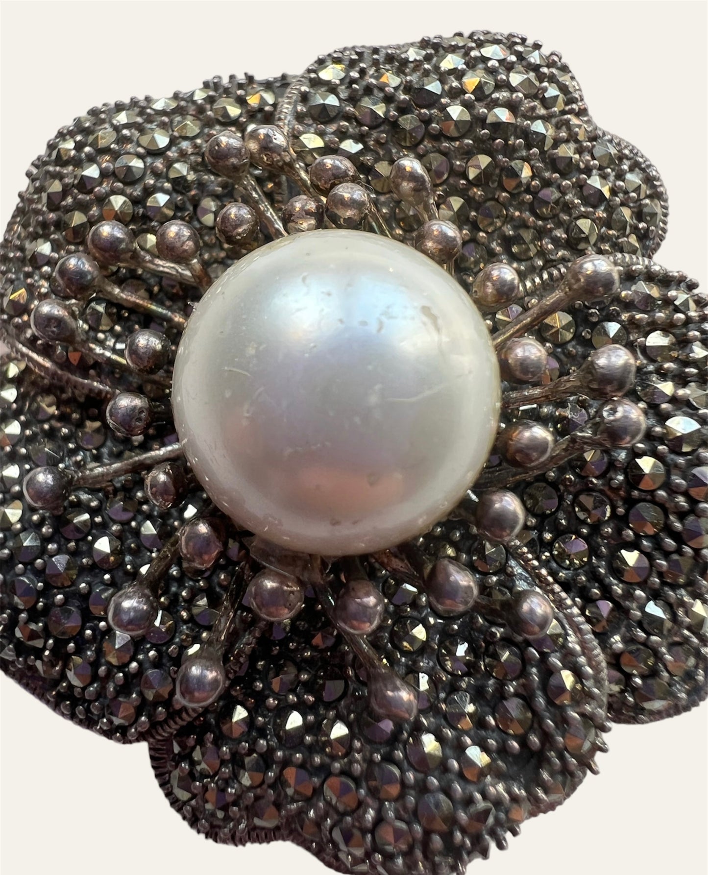 1930's Sterling Silver Marcasite and Pearl Flower Pendant