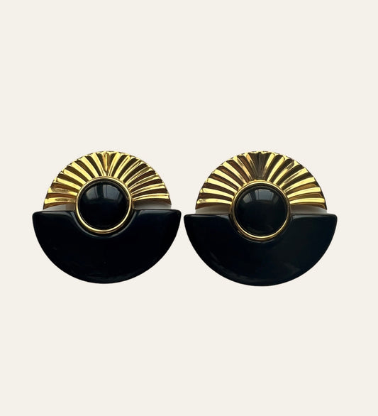 Oversized Black And Gold Tone Clip On Earrings