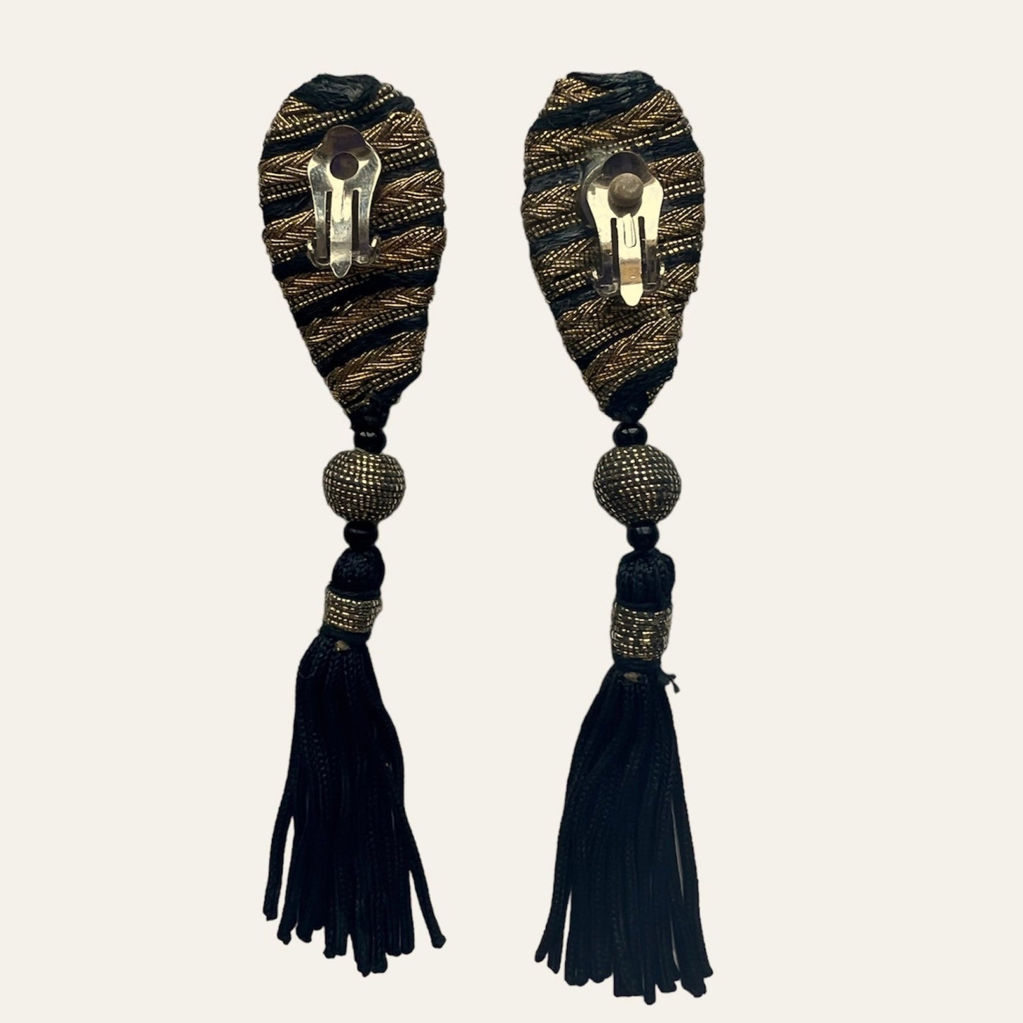 Long Black Gold Metal Thread Clip On Tassel Earrings