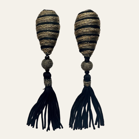 Long Black Gold Metal Thread Clip On Tassel Earrings