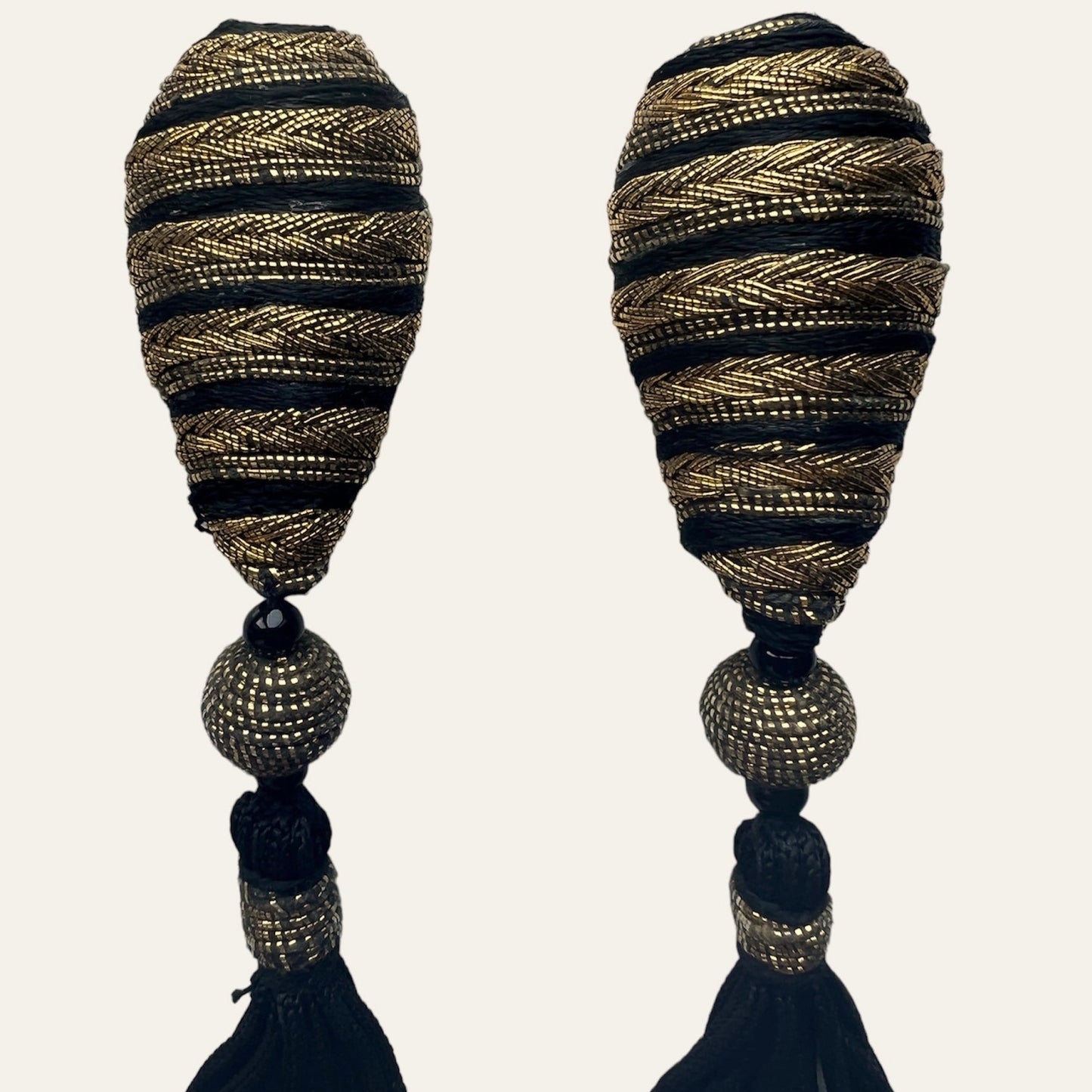 Long Black Gold Metal Thread Clip On Tassel Earrings