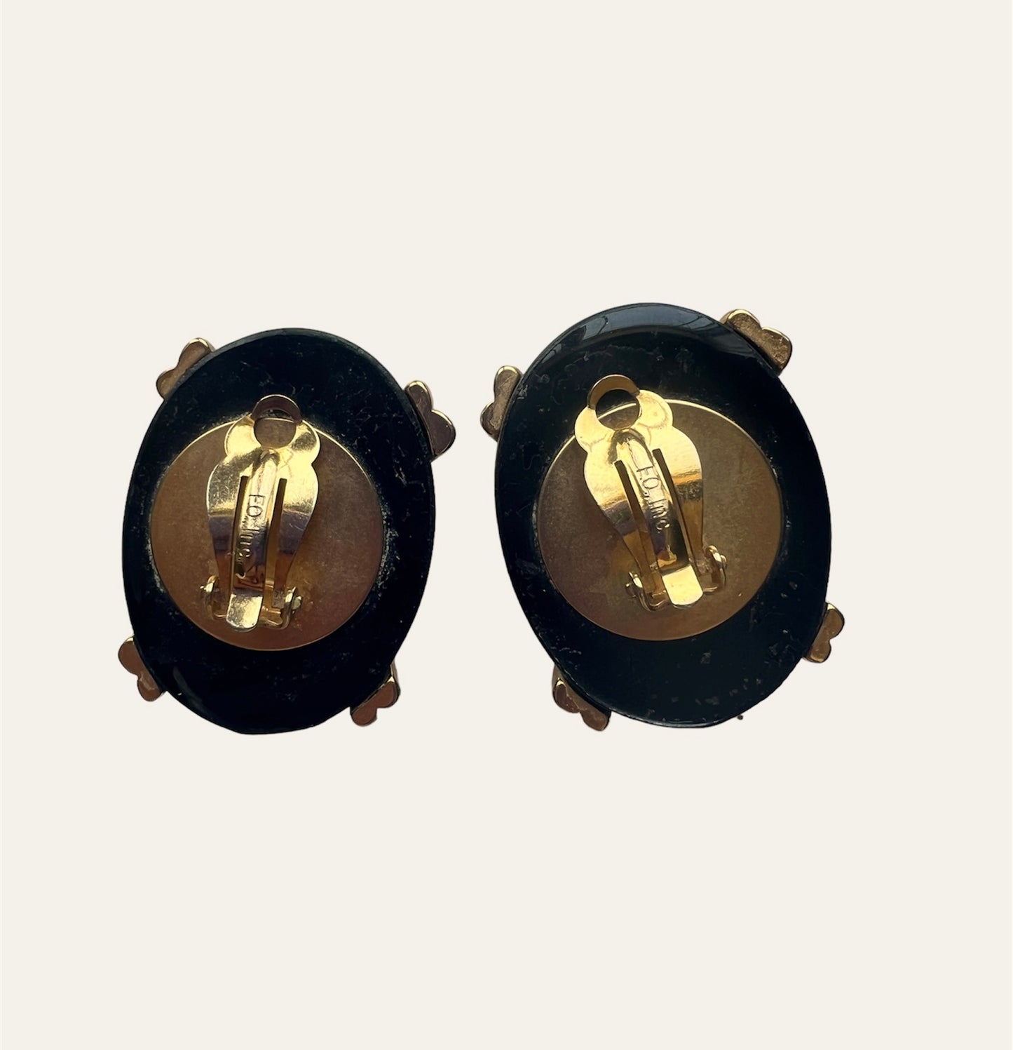 Large F.O. Inc Oval Shaped Black Resin Clip On Earrings