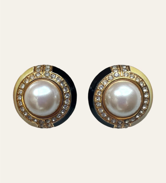 Black and Cream Enamel Clip On Earrings with Faux Pearls and Clear Rhinestones