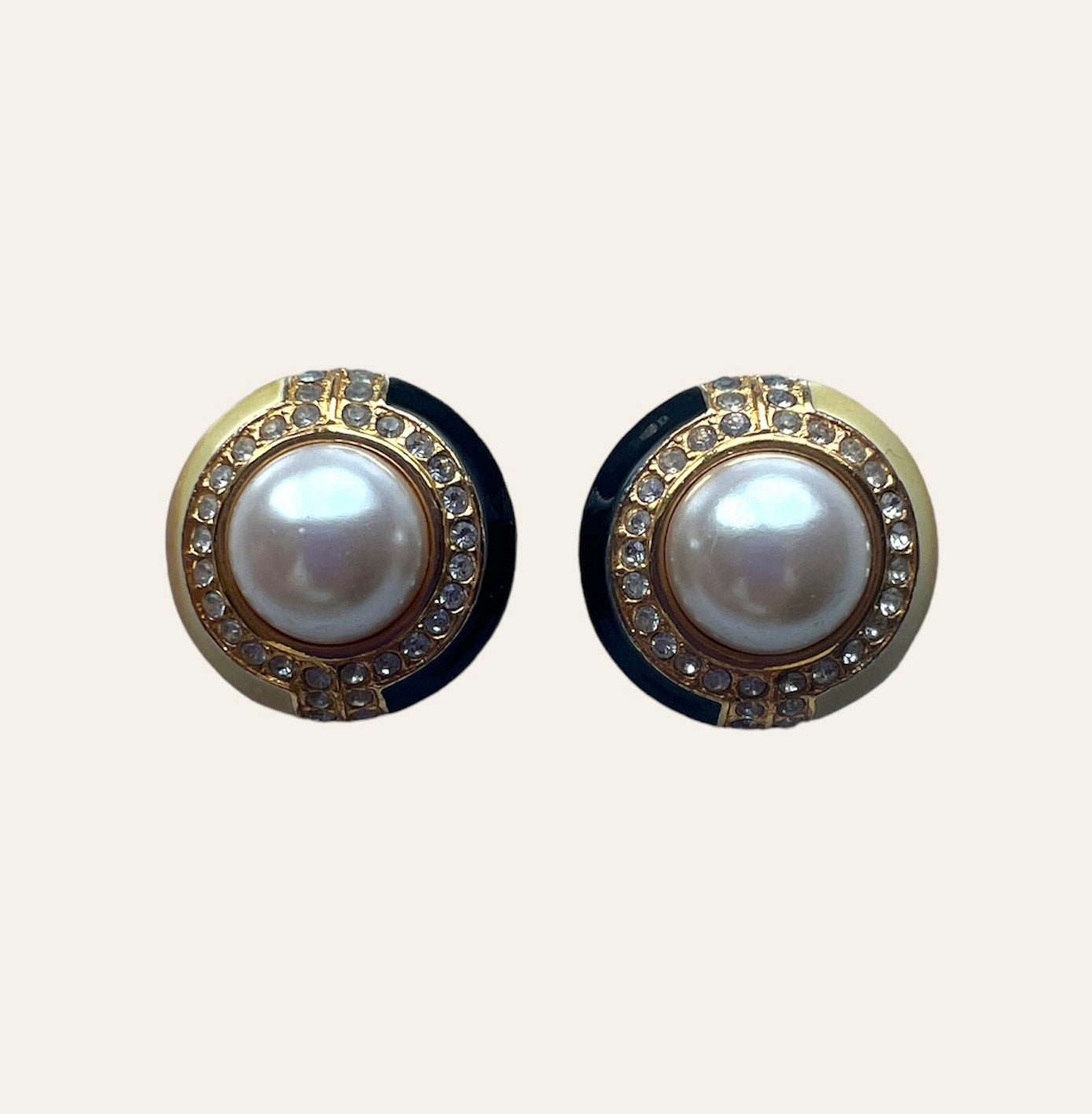 Black and Cream Enamel Clip On Earrings with Faux Pearls and Clear Rhinestones