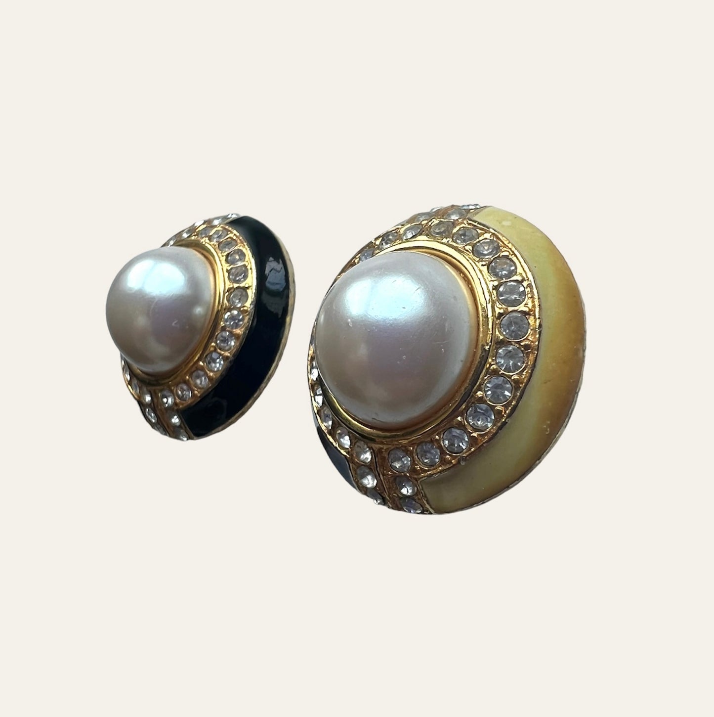 Black and Cream Enamel Clip On Earrings with Faux Pearls and Clear Rhinestones