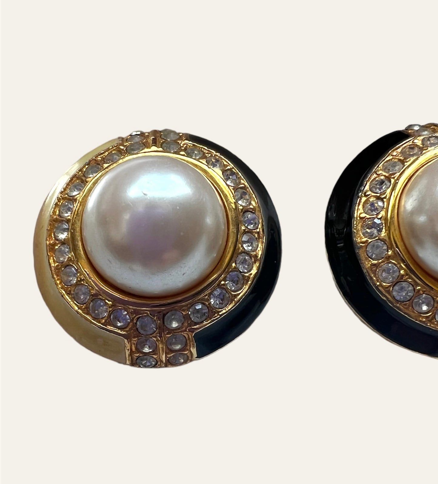 Black and Cream Enamel Clip On Earrings with Faux Pearls and Clear Rhinestones