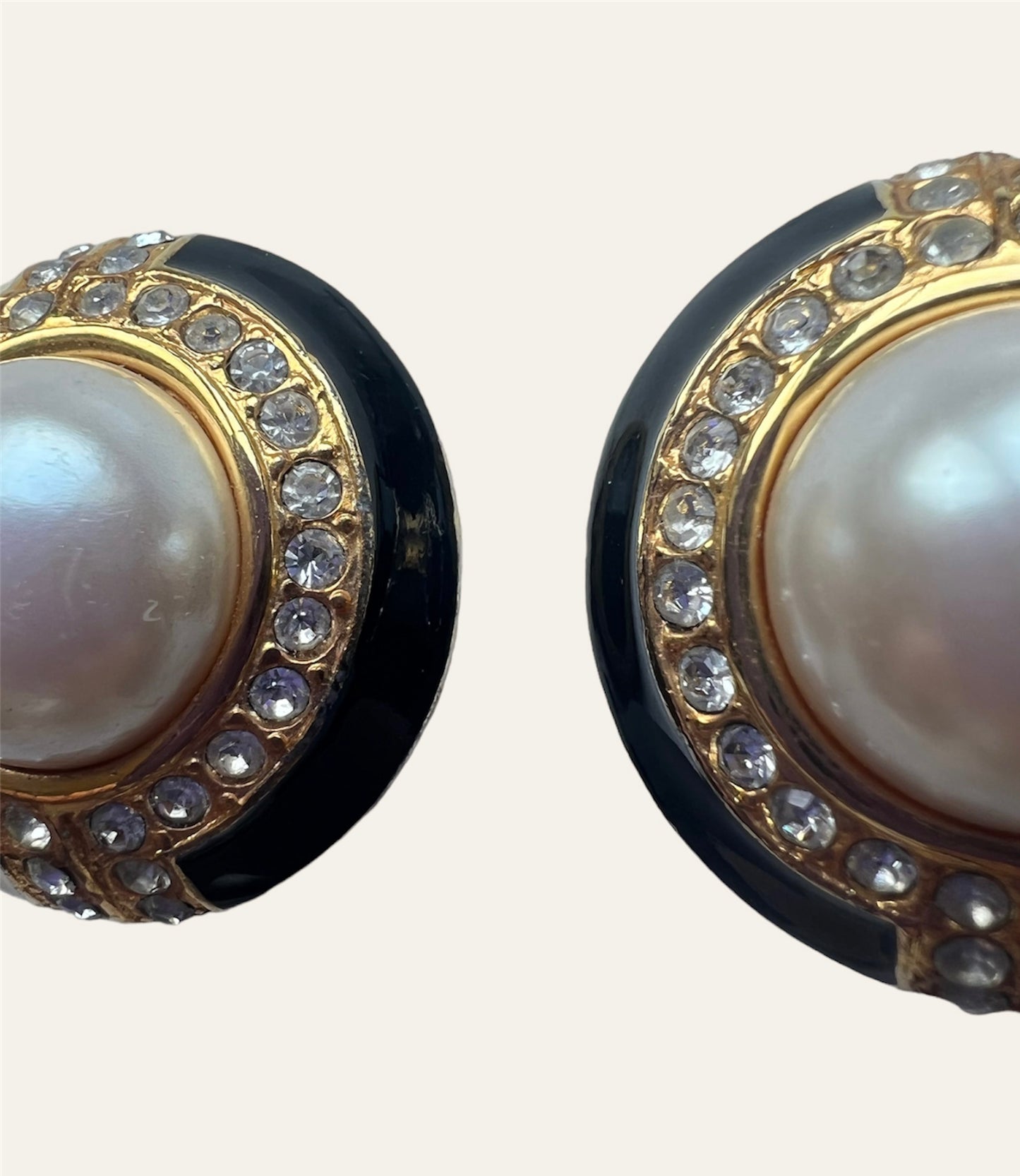 Black and Cream Enamel Clip On Earrings with Faux Pearls and Clear Rhinestones