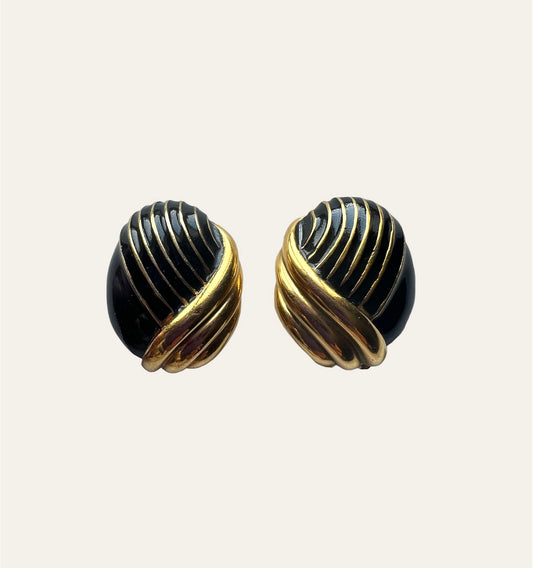 Black Enamel and Gold Tone Textured Oval Shaped Clip On Earrings