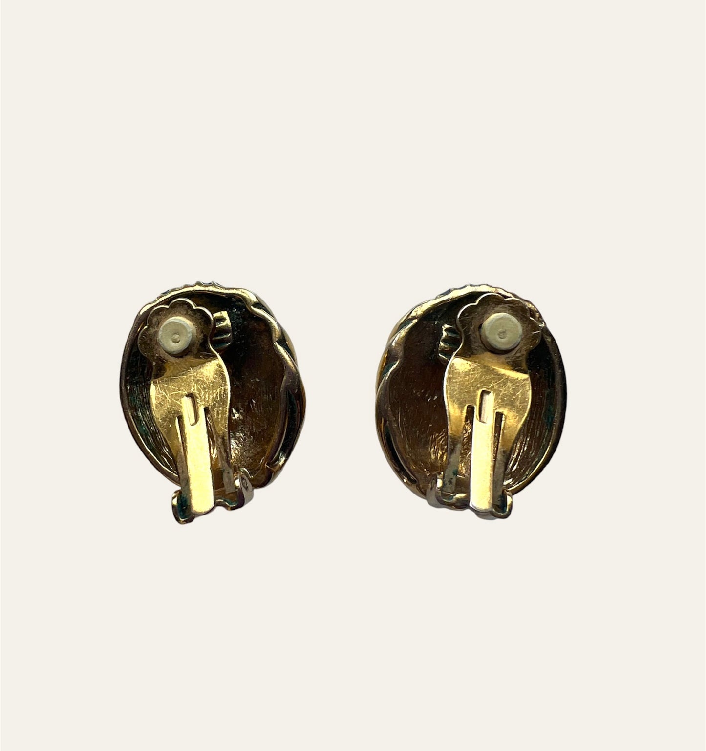 Black Enamel and Gold Tone Textured Oval Shaped Clip On Earrings