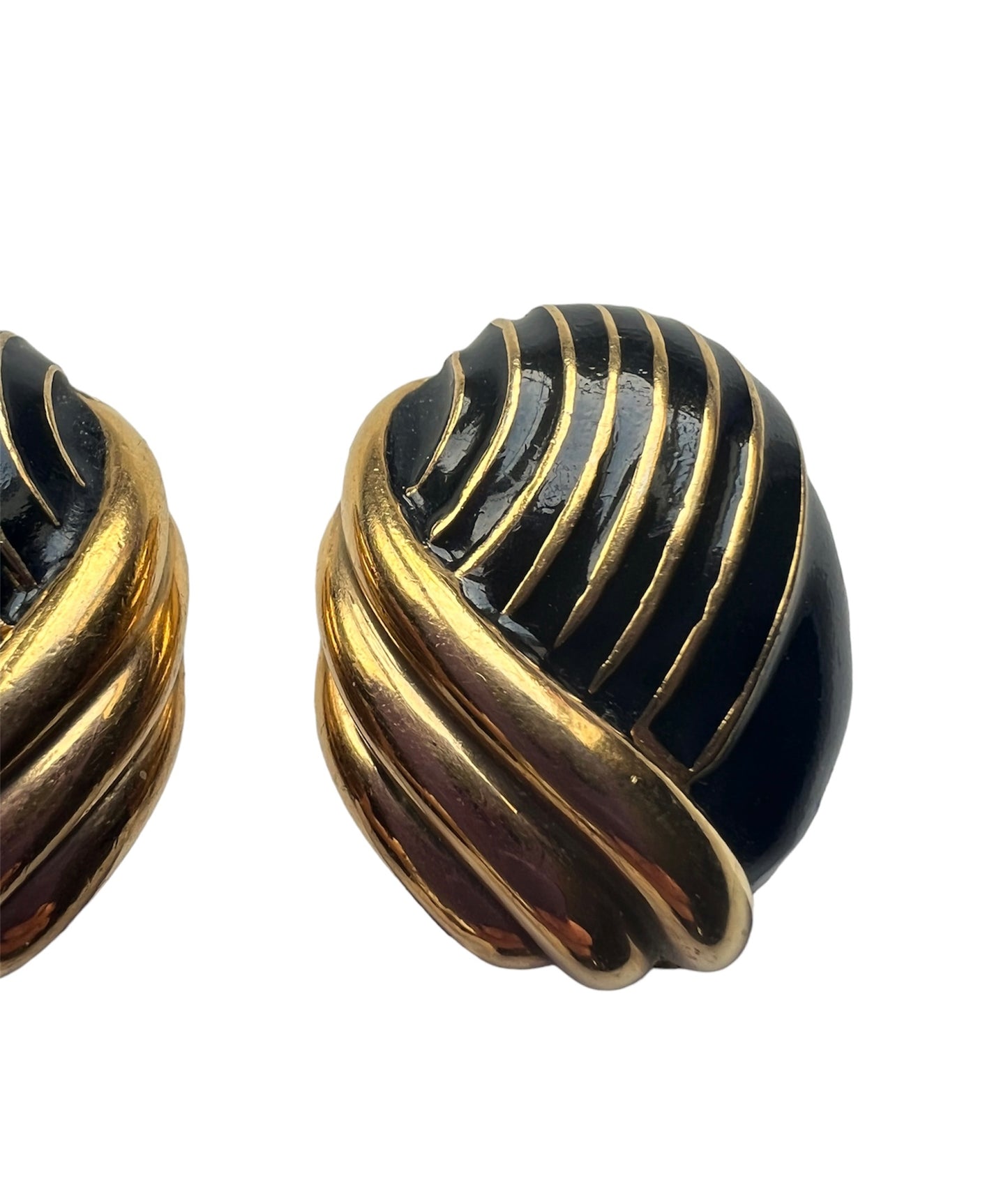 Black Enamel and Gold Tone Textured Oval Shaped Clip On Earrings