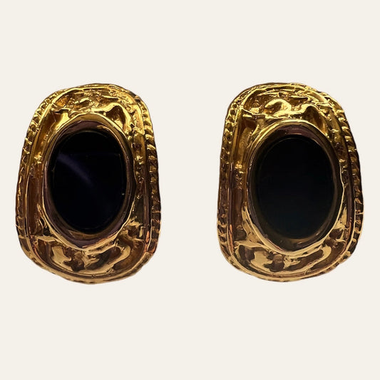 Black And Gold Tone Half Hoop Clip On Earrings