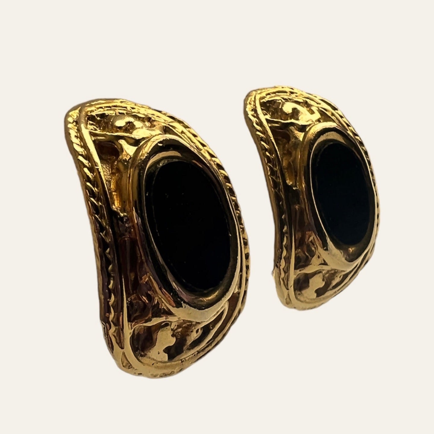 Black And Gold Tone Half Hoop Clip On Earrings