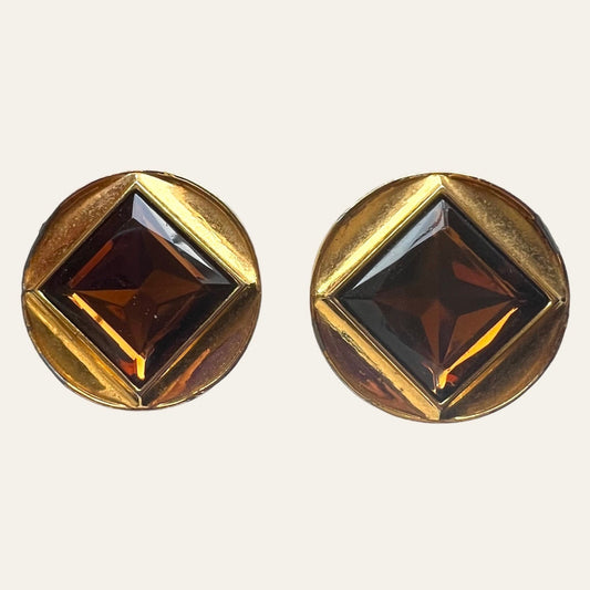 Large Circular Gold Tone Clip On Earrings With Brown Squared Rhinestones