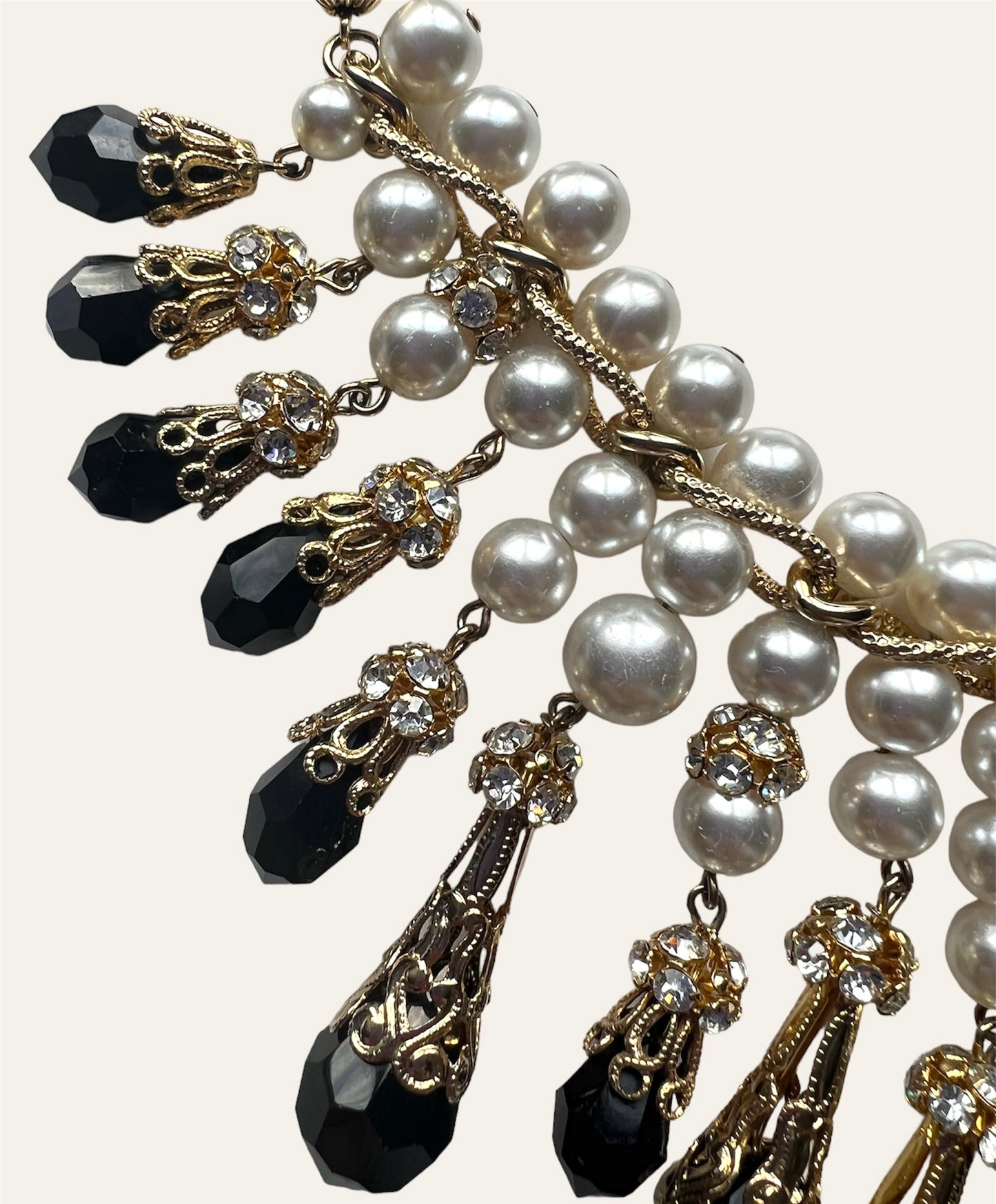 Black Rhinestones With Faux Pearls Bib Necklace with Matching Clip On Earrings